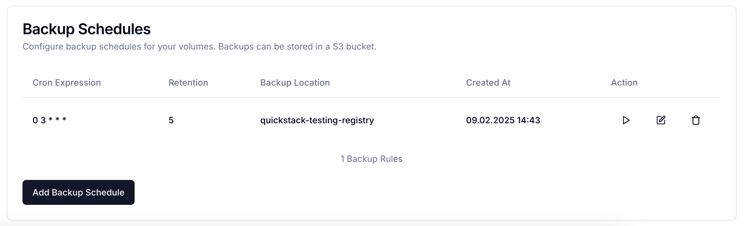 QuickStack Add Backup Schedule