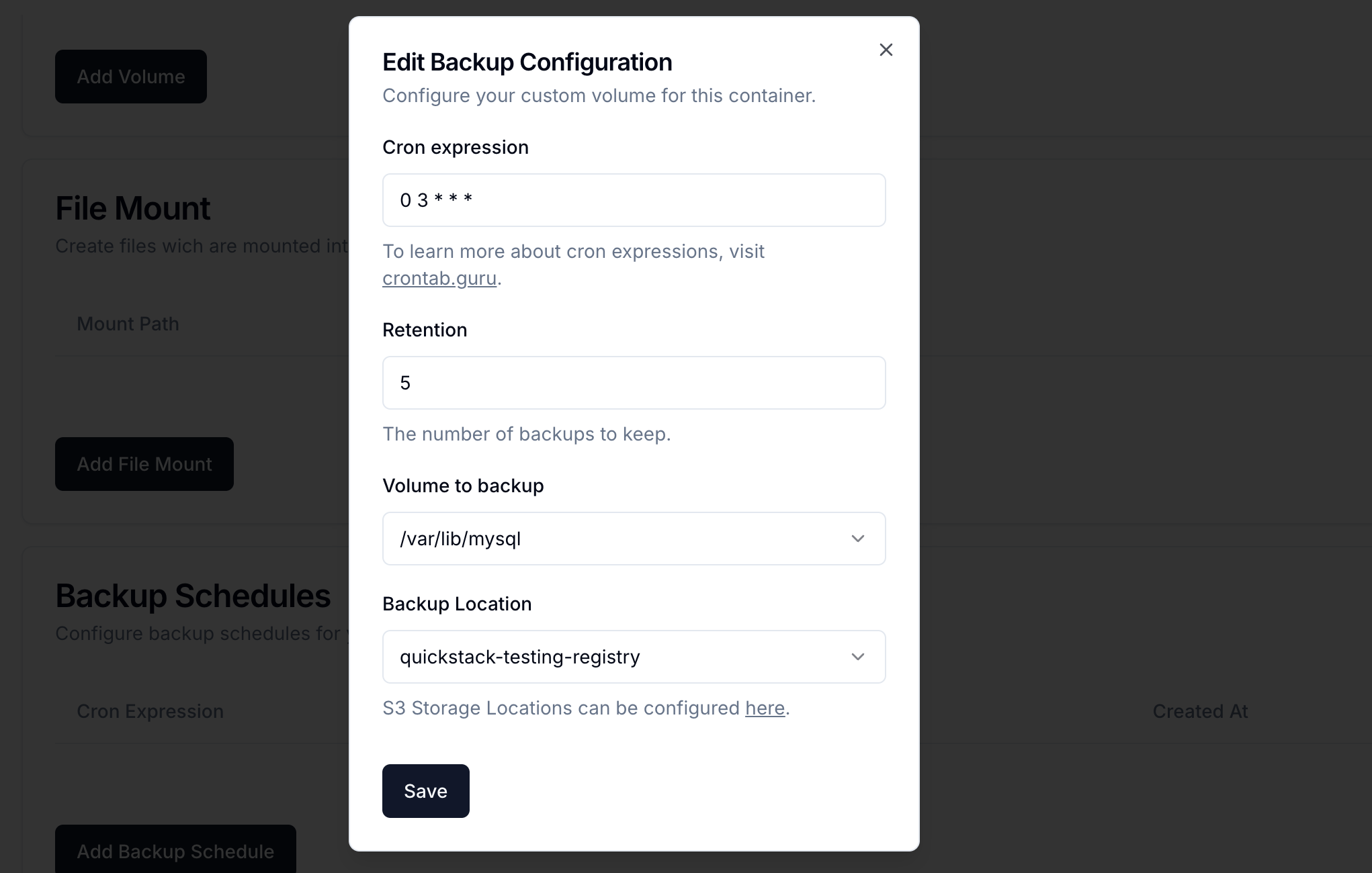 QuickStack Add Backup Schedule