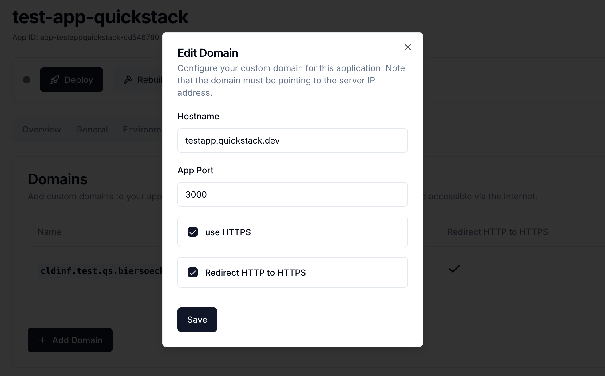 QuickStack Edit Domain Dialog