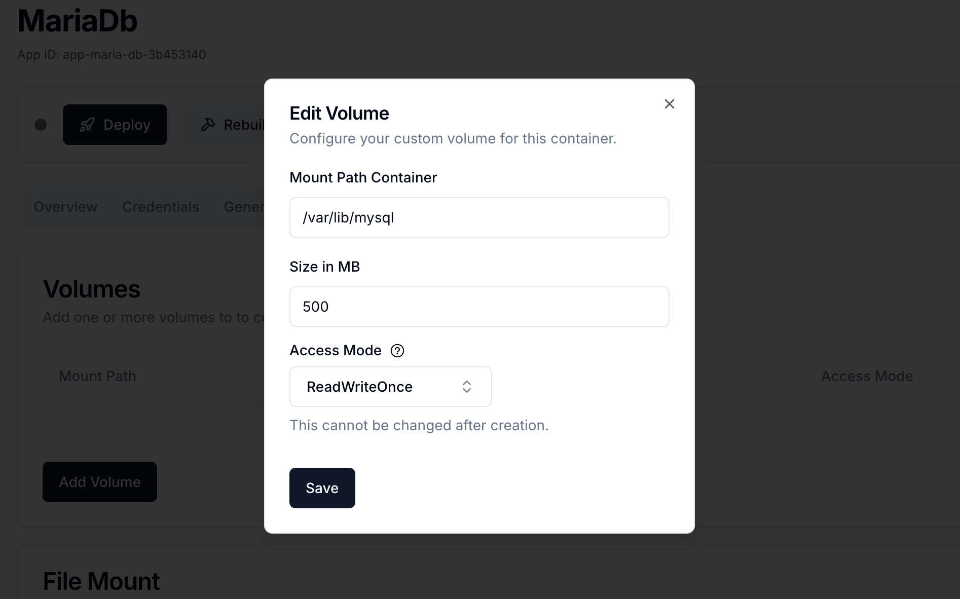 QuickStack Create Volume Dialog